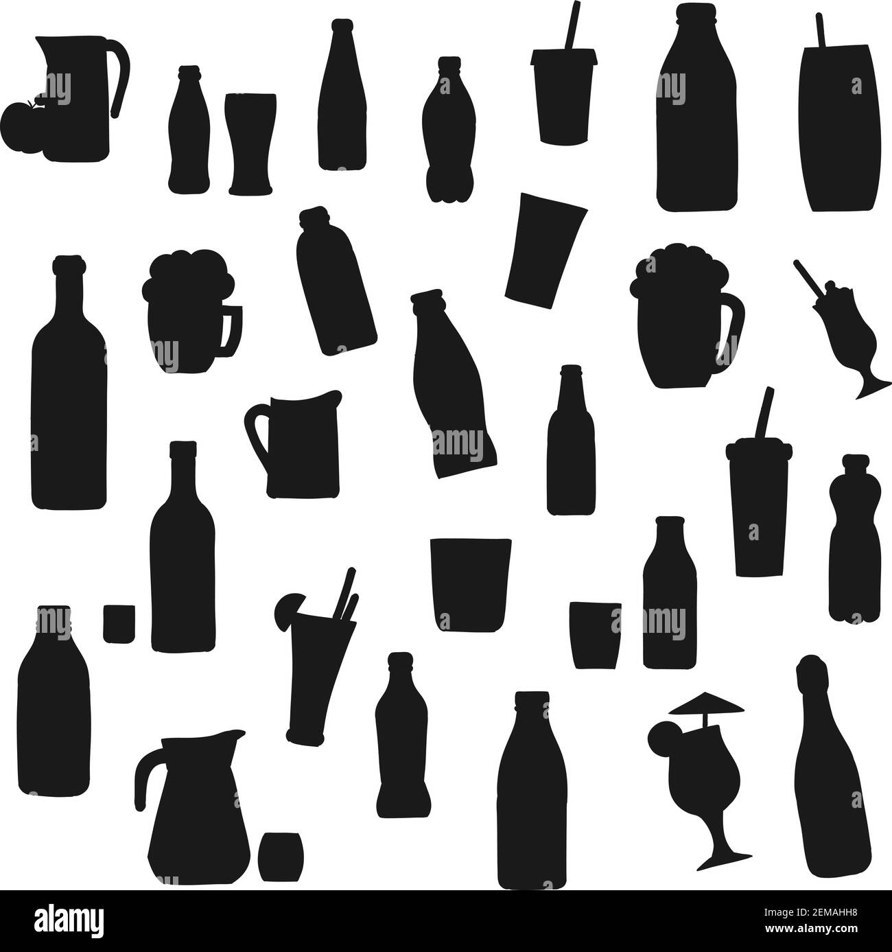 Icone di silhouette vettoriali per bottiglie di bevande alcoliche e analcoliche. Bottiglie e bicchieri da cocktail, caraffa per succhi di frutta, bicchiere di soda con cannuccia, frullato e m Illustrazione Vettoriale