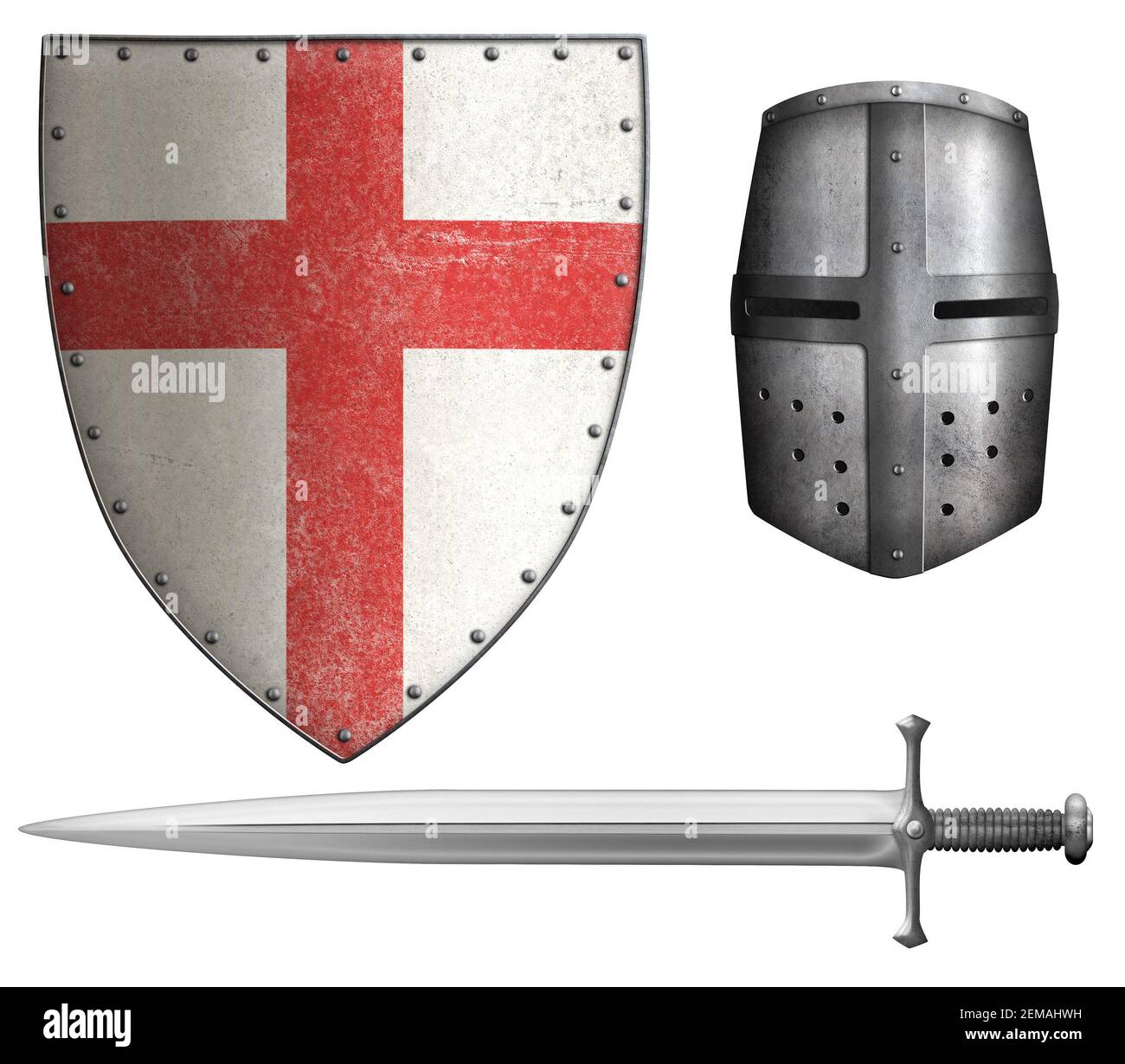 schermo crusaders, casco e spada isolato illustrazione 3d Foto Stock