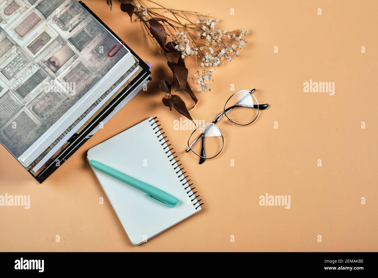 Libri, taccuino, penna e occhiali su sfondo arancione Foto Stock