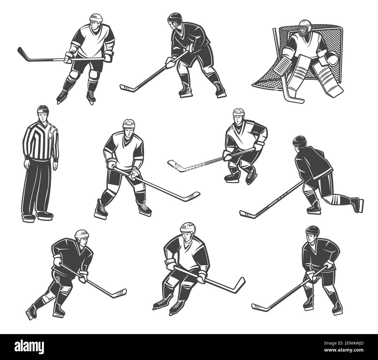 Arbitro di hockey su ghiaccio e giocatori in movimento, personaggi vettoriali. Professionista hockey su ghiaccio sport squadra portiere, in avanti e difensore in hocke professionale Illustrazione Vettoriale