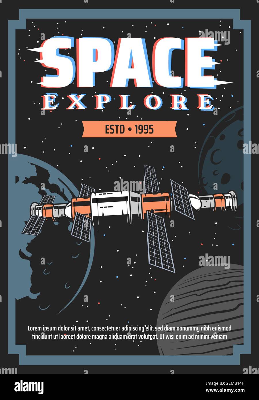 Poster retrò esplorazione spaziale con stazione spaziale vettoriale e pianeti galassici. Astronave, Terra, Luna, Giove, stelle e comete, stazione orbitale con sol Illustrazione Vettoriale