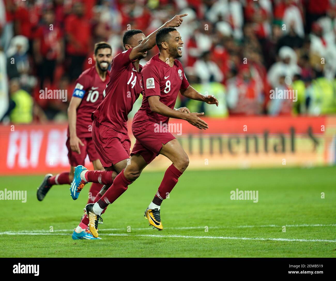 29 gennaio 2019 : Hamid Ismail del Qatar festeggia il punteggio di 4-0 nel  90° minuto durante il Qatar contro gli Emirati Arabi Uniti all'Abu Dhabi ad  Abu Dhabi, Emirati Arabi Uniti,