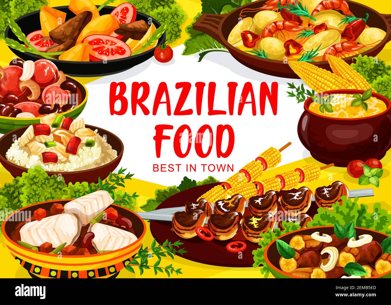 Piatti di cucina brasiliana, menu del ristorante brasiliano piatti tradizionali. Autentico churrasco brasiliano carne, pesce bacalhau, fagioli stufato feijoada Illustrazione Vettoriale