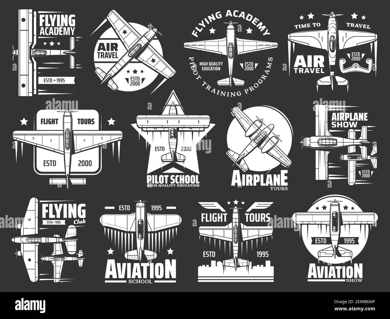 Scuole di aviazione e le icone accademiche, aerei e aerei, piloti e aviatori di volo vector retrò badge. Viaggio aereo e scuola di formazione di volo, civile Illustrazione Vettoriale