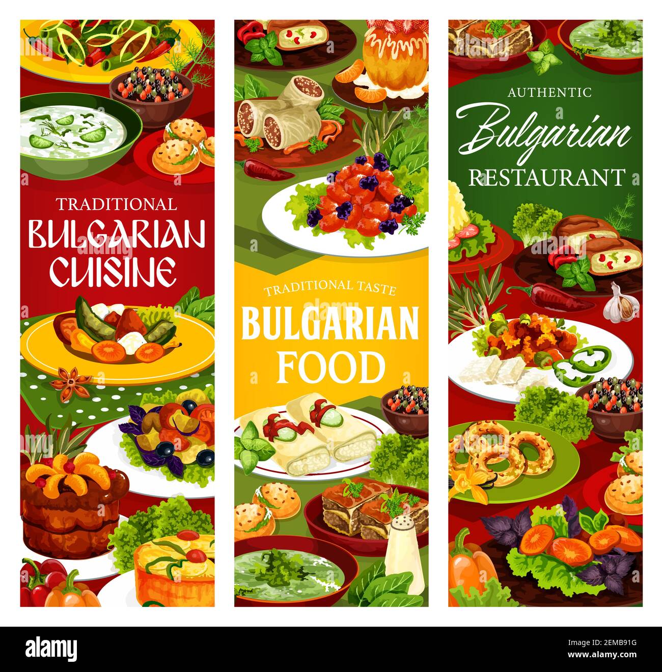 Banner vettoriali ristorante cucina bulgara con zuppa di yogurt, formaggio bryndza e insalate di verdure. Torte di carne e di frutta, chutney di pepe lutenit Illustrazione Vettoriale