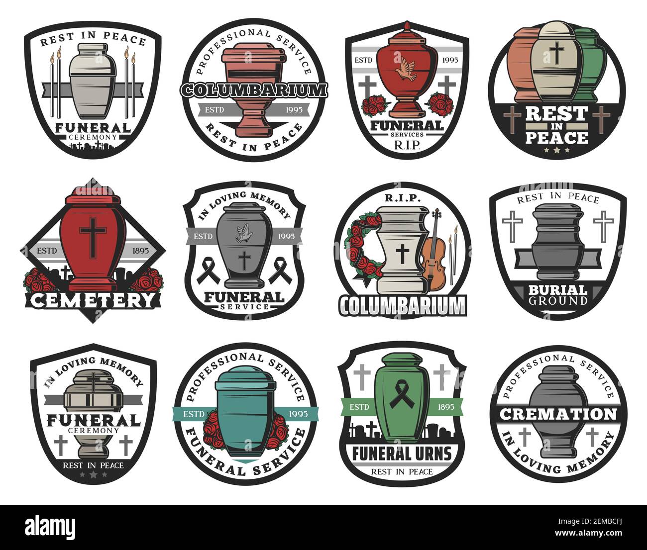Cremazione urna isolato i distintivi vettoriali del servizio funerale. Vasi di colombarium, vasi e vasi per ceneri con croci di pietra tombale, corone commemorative Illustrazione Vettoriale