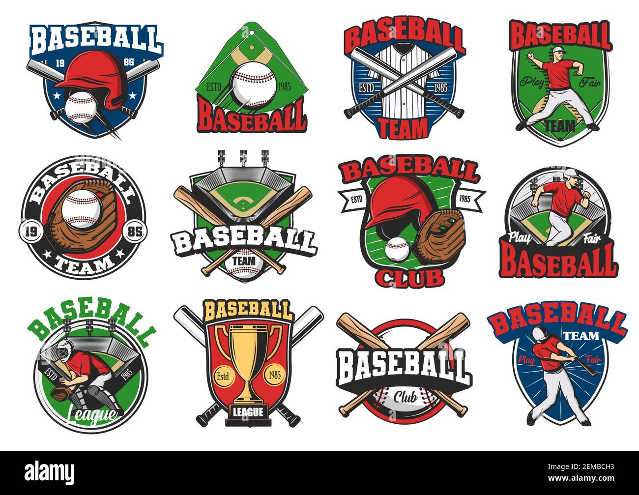 Icone e badge vettoriali per lo sport da baseball, simboli di coppa e  squadra. Scuola di softball, squadra, icone della lega di baseball,  giocatore di catcher e battitore con pipistrello Immagine e