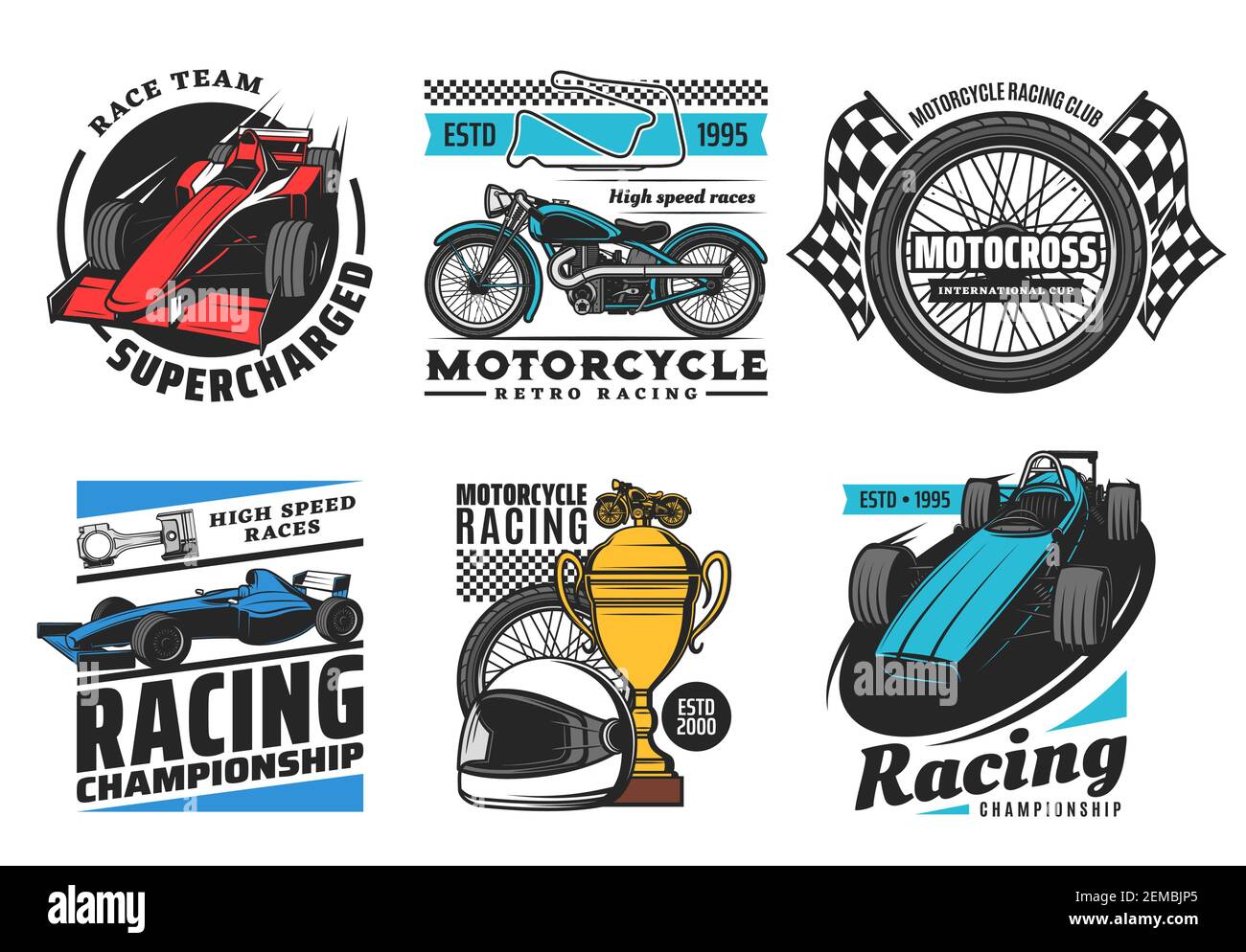 Icone di corse e sport motoristici, gare motociclistiche e di rally, emblemi vettoriali di speedway e motocross. Moto gare squadra di club, coppa di torneo, ruota Illustrazione Vettoriale