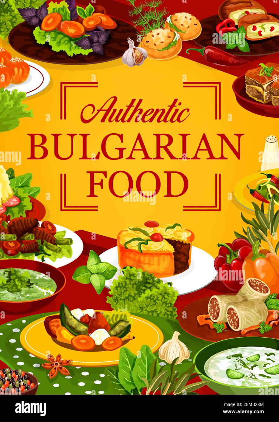 Cucina bulgara cibo di carne vettoriale con verdure e dessert. Zuppe di yogurt e spinaci, torte di manzo e involtini di cavolo, peperoni ripieni e. Illustrazione Vettoriale
