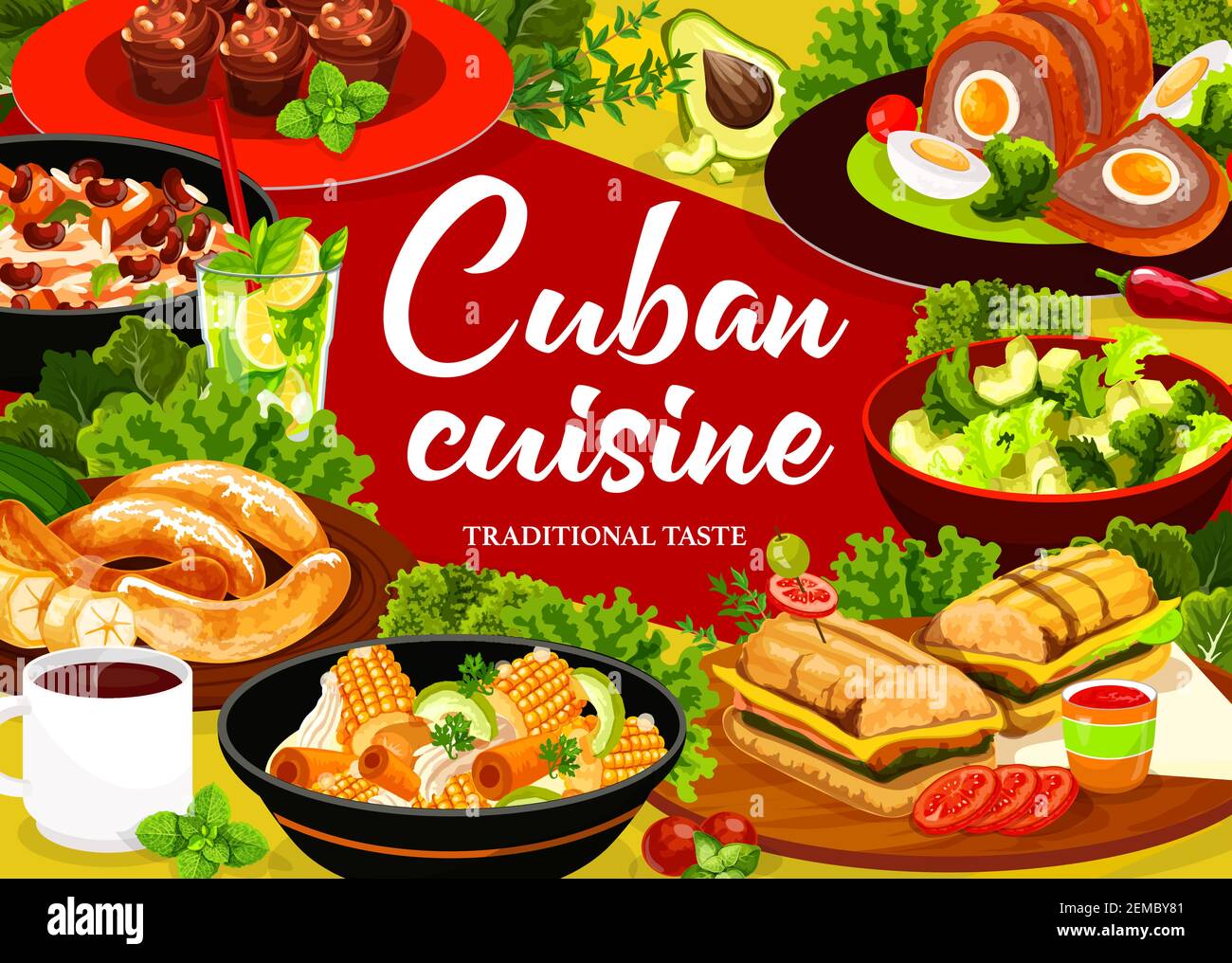 Poster vettoriale della cucina cubana. Menu dei pasti del ristorante. Panino cubano, ragù arroz congri, stufato ajiaco con verdure, polpeta, cupcake e f Illustrazione Vettoriale
