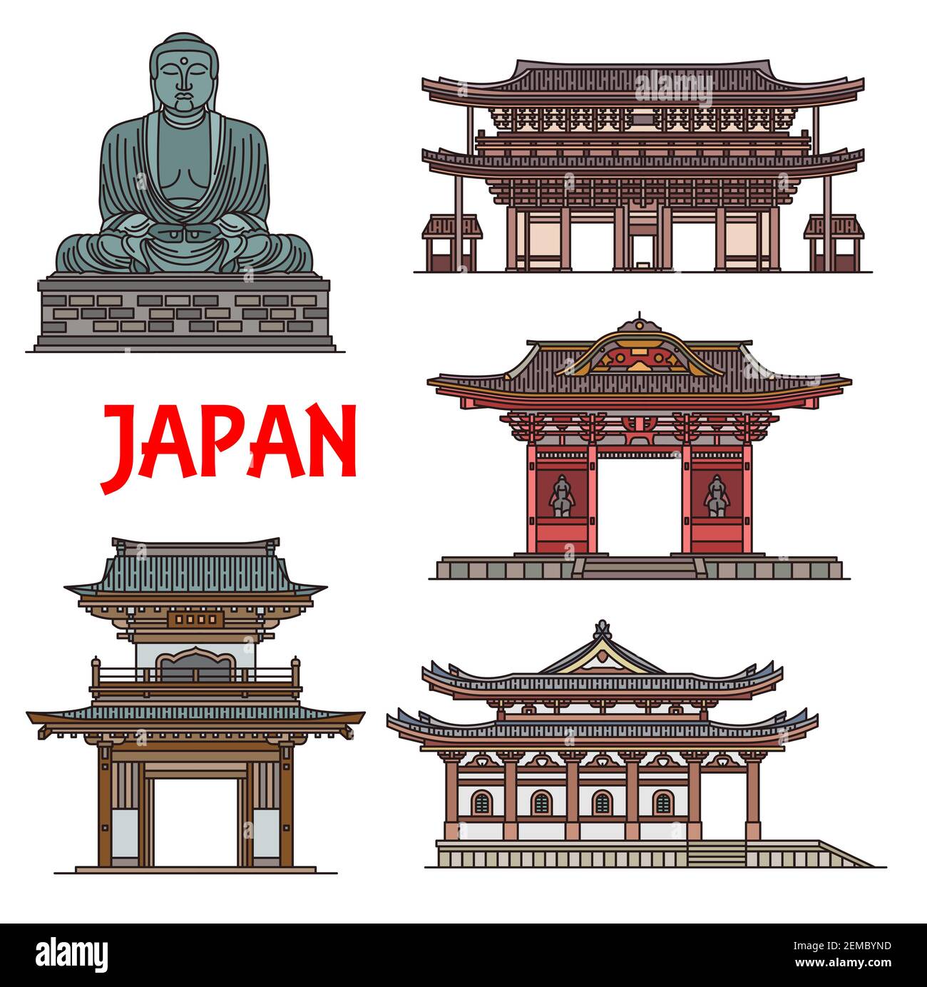 Templi giapponesi, pagode jpanesi e monumenti architettonici a Kamakura, Kanagawa, vettore. Hase-dera e Jochi-ji Zen tempio, Daibutsu Buddh Illustrazione Vettoriale