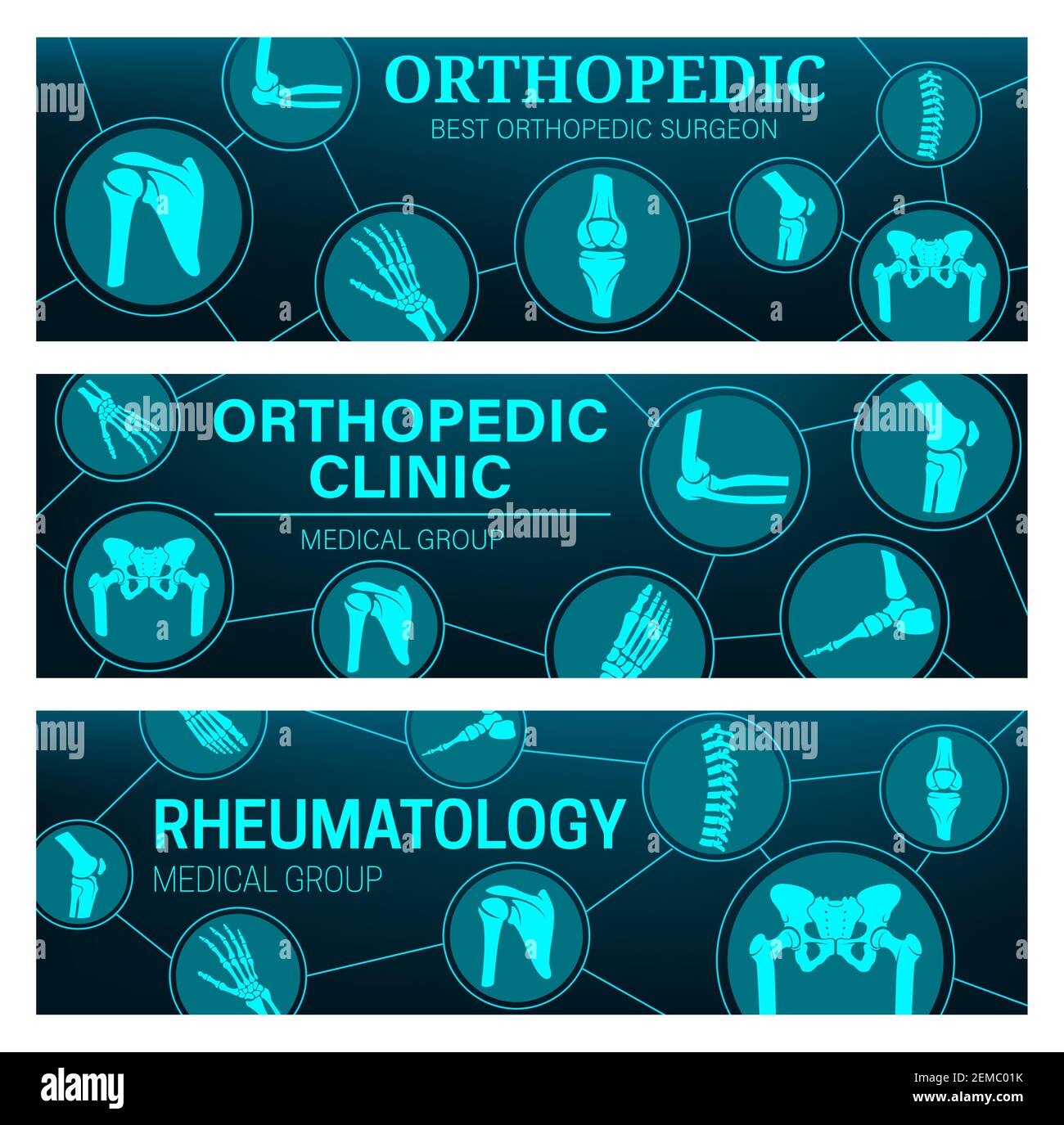 Striscioni vettoriali per ambulatori di reumatologia e ortopedici con anatomia delle articolazioni e delle ossa. MRI e TAC di diagnosi di dolore di artrite con gamba, mano Illustrazione Vettoriale