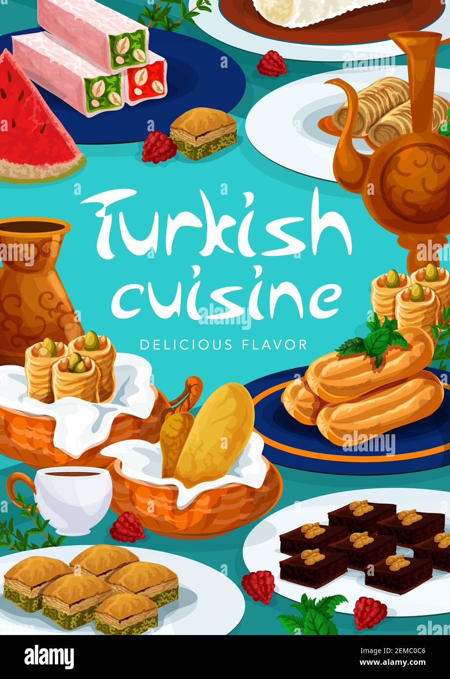 Cucina turca menu di cibi dolci e dolci, vettore, pasticceria baklava, delizia lokum, vettore pasticceria. Tacchino caffè pasticceria dessert, turco t Illustrazione Vettoriale