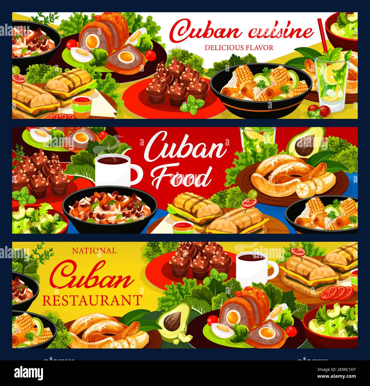 Bandiere vettoriali della cucina cubana. Poster del ristorante cubano. Pasti a base di carne, frutta e dolci da forno. Stufato di Ajiaco, polpette, caffè e avocado Illustrazione Vettoriale