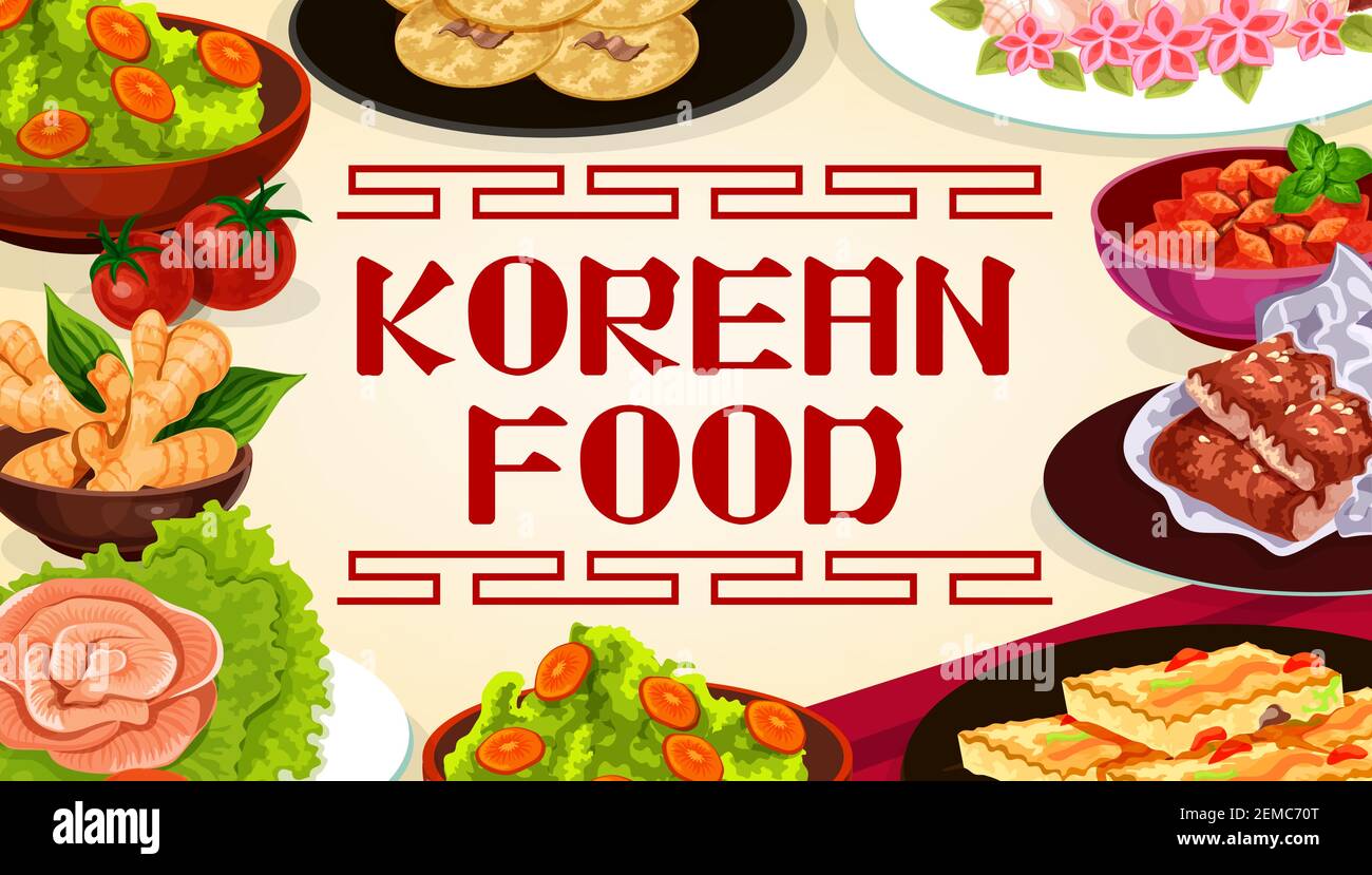 Cucina coreana, piatti autentici, menu ristorante asiatico, ricettario di cucina. Vector piatti coreani di carne e tofu, insalate e salse, dessert e. Illustrazione Vettoriale