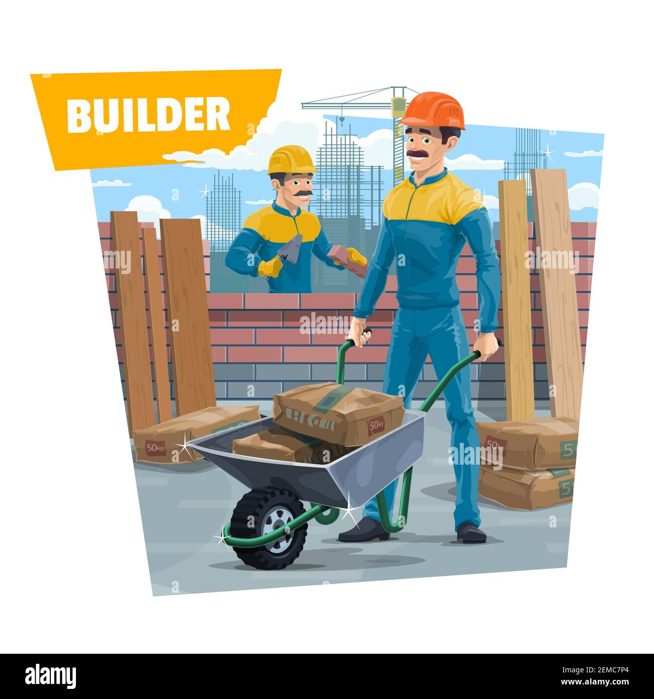 Operai, muratori o muratori con carriola. Vettore. Muratore in casco protettivo che lavora in cantiere, trasportando sacchi di cemento Illustrazione Vettoriale