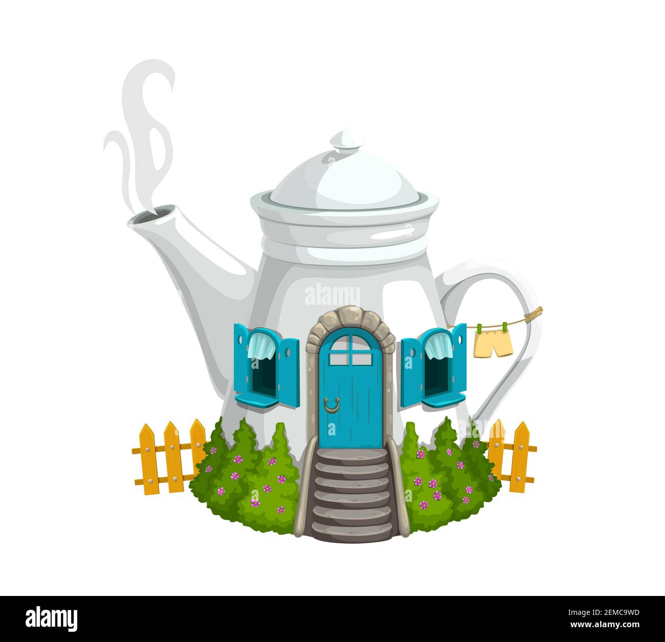 Cartoon ceramica bollitore bianco o teapot gnome casa con porta in legno, finestre e tubo di vapore. Costruzione fantasy con cespugli verdi, recinzione e lino o Illustrazione Vettoriale