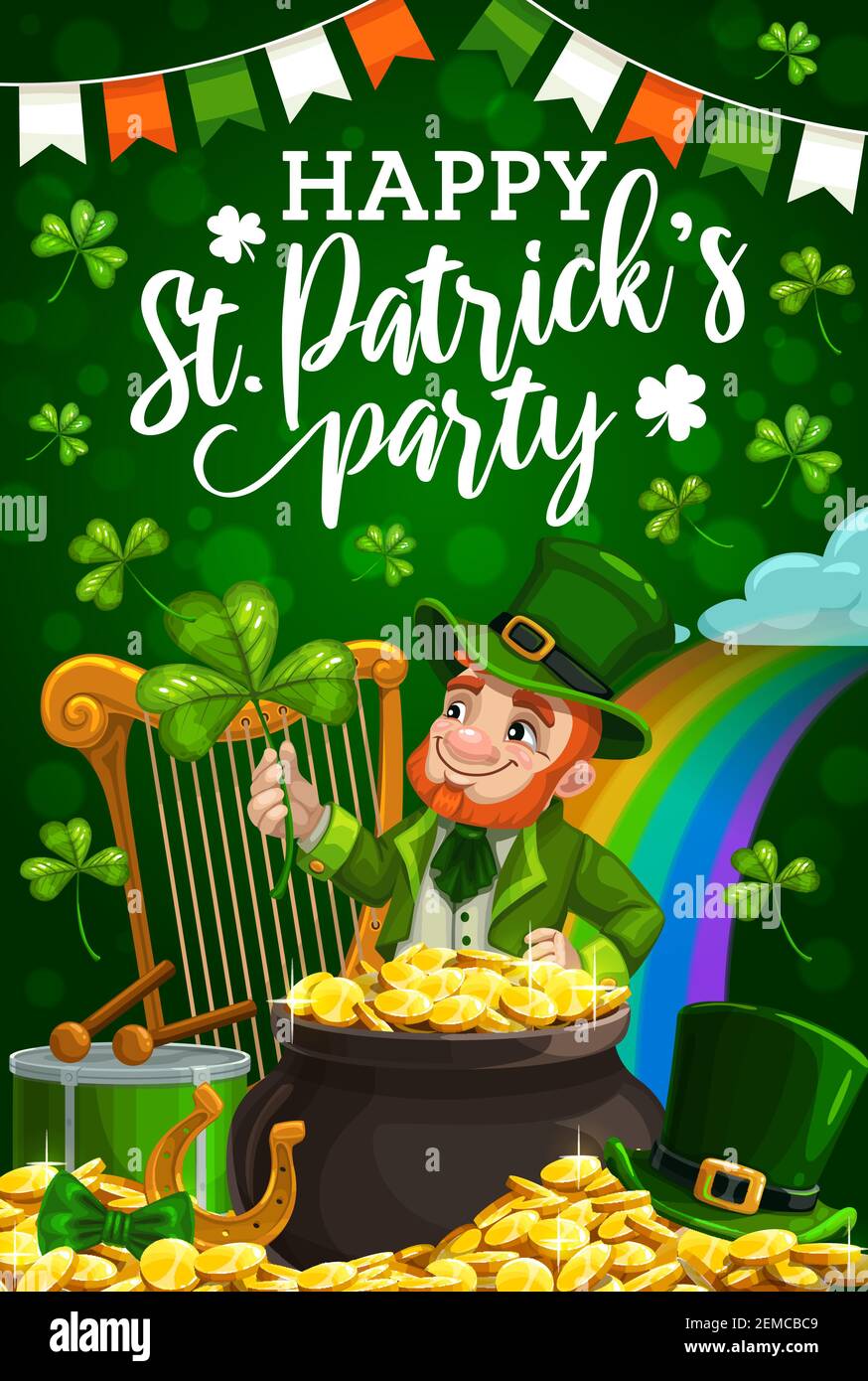 Patricks giorno festa vettore invito con leprechaun, verde shamrock e vaso d'oro. Foglie di trifoglio irlandese, monete d'oro e ferro di cavallo, celtico Illustrazione Vettoriale