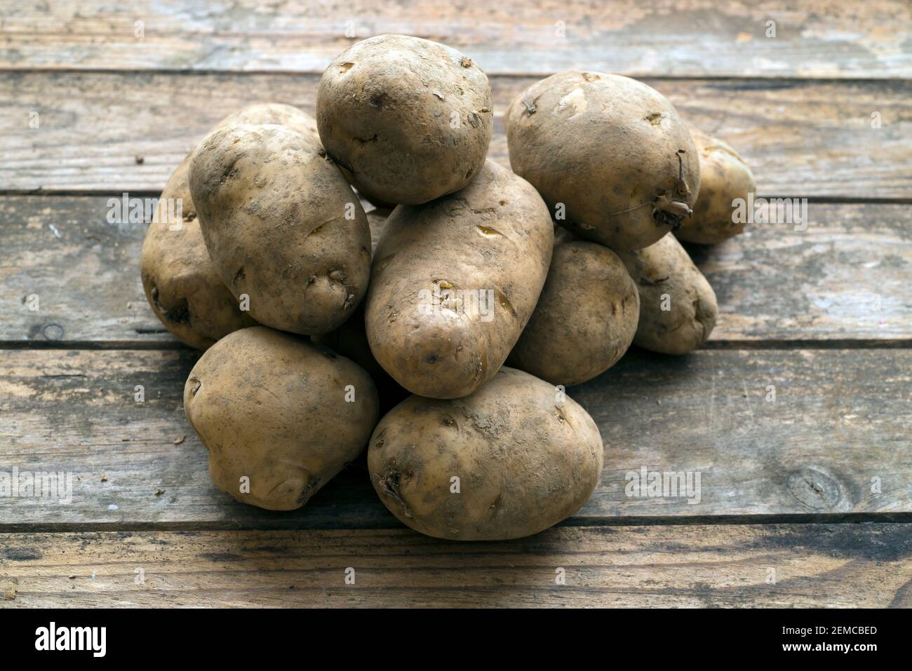 Pila di patate giacente su tavole di legno Foto Stock