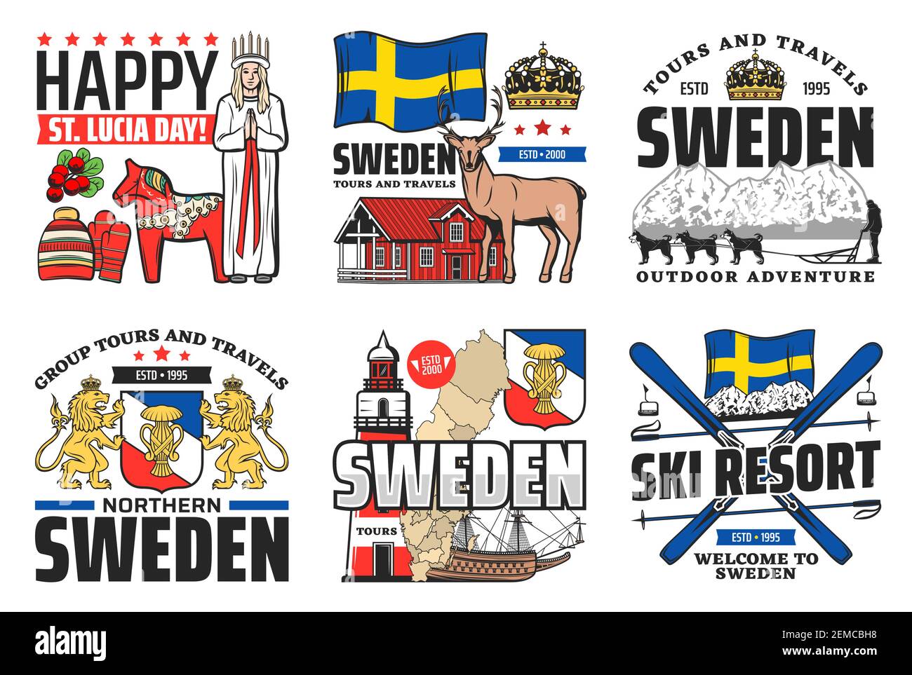 Icone svedesi, viaggi, vacanze e cultura svedese, monumenti storici vettoriali di Stoccolma e simbolo del cavallo. Benvenuti a bandiera svedese, stazione sciistica e Natale St Lu Illustrazione Vettoriale