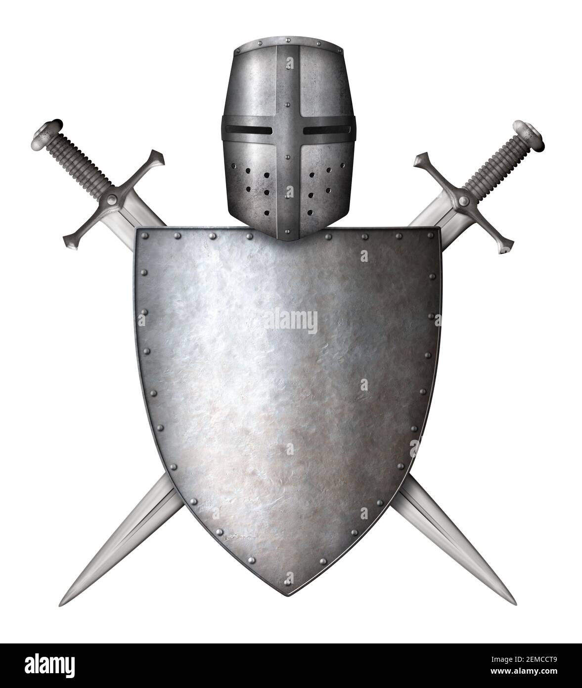 scudo cavaliere medievale, casco e spade incrociate isolato 3d illustrazione Foto Stock
