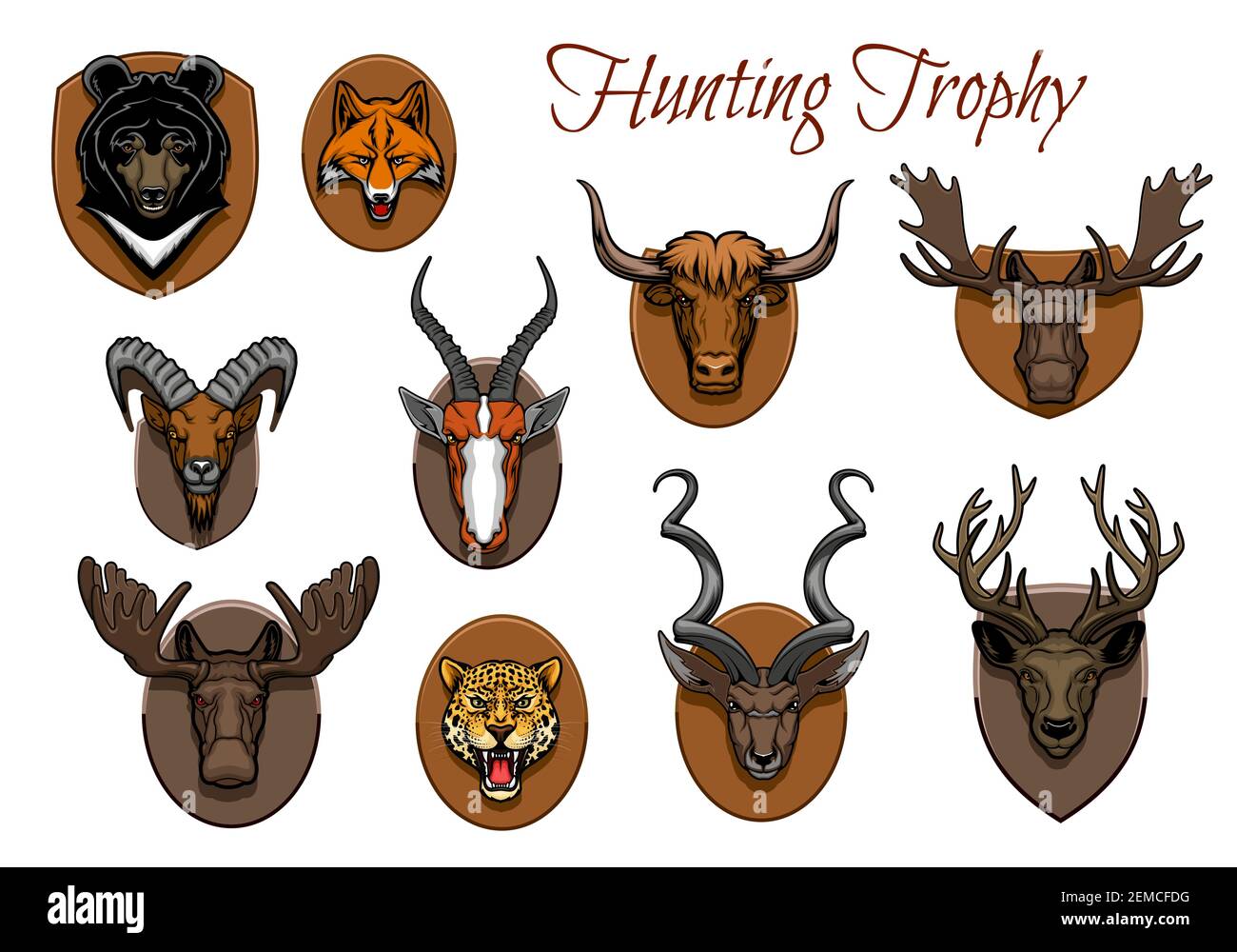 Trofeo di caccia sportiva, teste animali e antlers su placca di legno muro, icone vettoriali. Hunter trofeo teste animali di cervo, alci stag e renne, orso gr Illustrazione Vettoriale