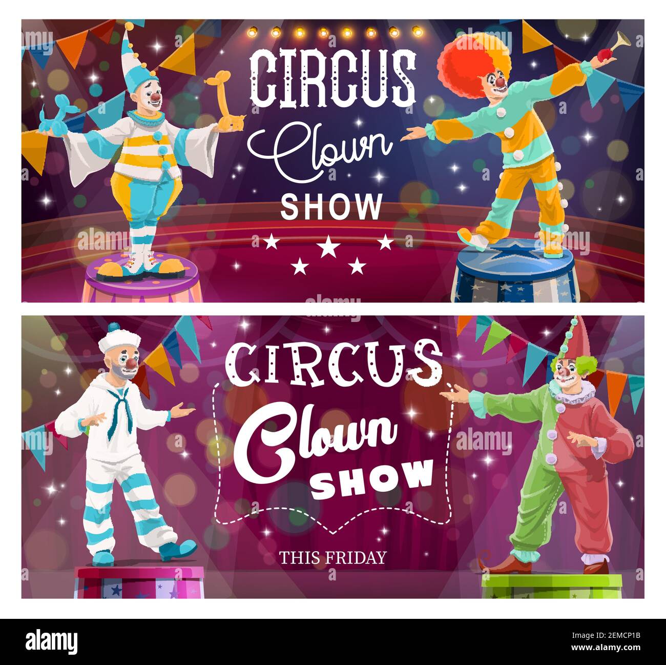 Spettacolo comico clown sull'arena Big Top Circus. Clown in costume da marinaio, costume di harlequin, personaggio da circo con falso naso e parrucca in piedi su pe Illustrazione Vettoriale