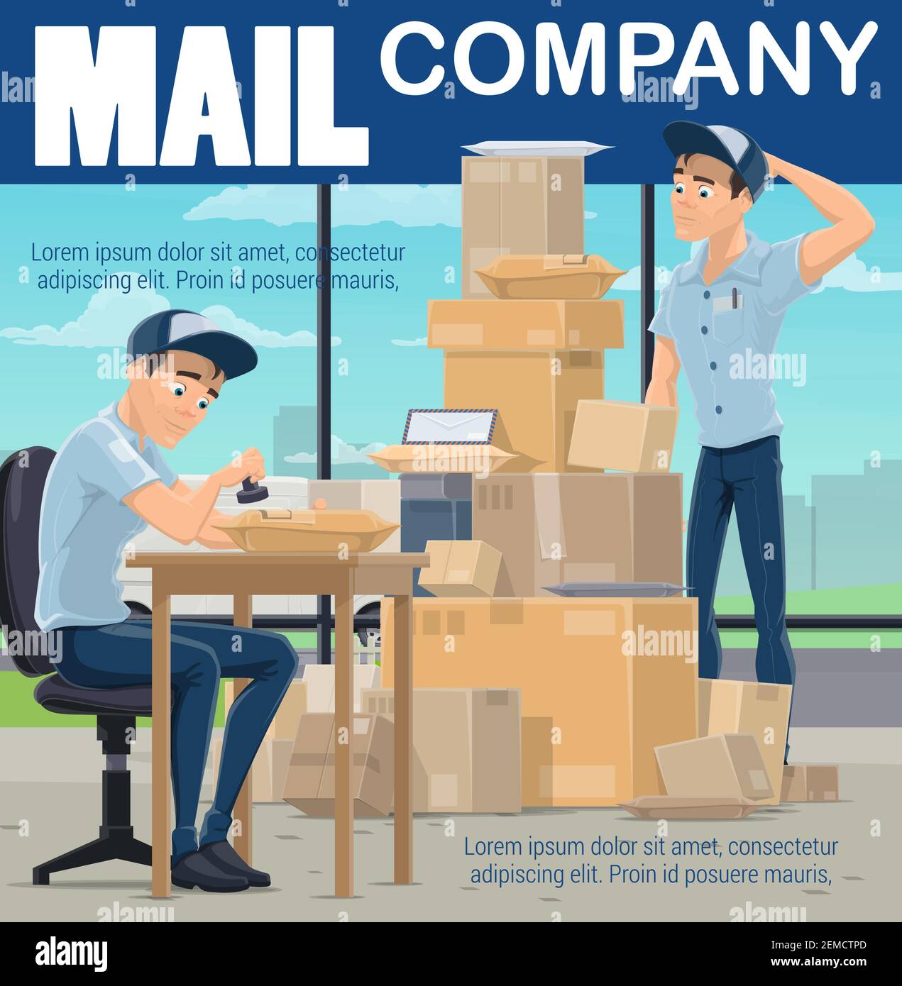 Ufficio postale, centro di smistamento della posta, caselle postali e stampigliatura delle lettere delle buste. Vettore cartoon mailman al magazzino post. Pacchi e scatola ordine Illustrazione Vettoriale