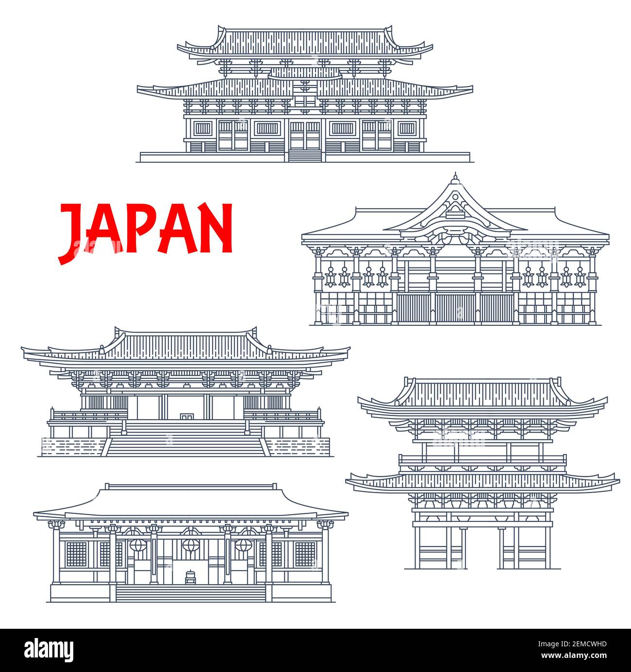 Edifici giapponesi, templi giapponesi, case e torri pagoda, buddismo architettura religiosa punti di riferimento di Kyoto. Kurama-dera, to-ji, Jingo-ji e Shor Illustrazione Vettoriale