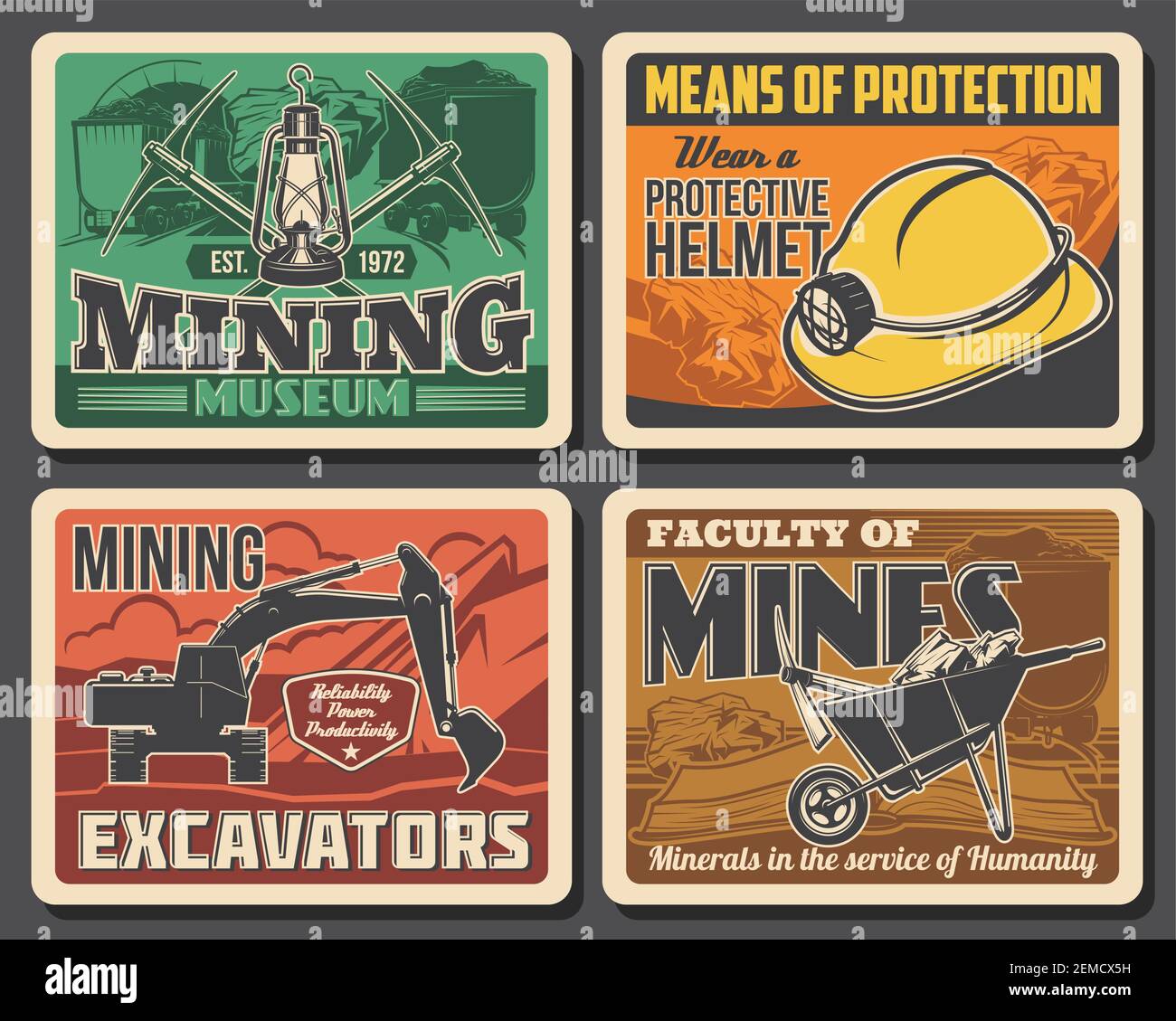 Industria mineraria macchinari per miniere di carbone escavatori e minatori attrezzature museo vintage poster vettoriali. Facoltà di minatore universitario e di produzione industriale Illustrazione Vettoriale