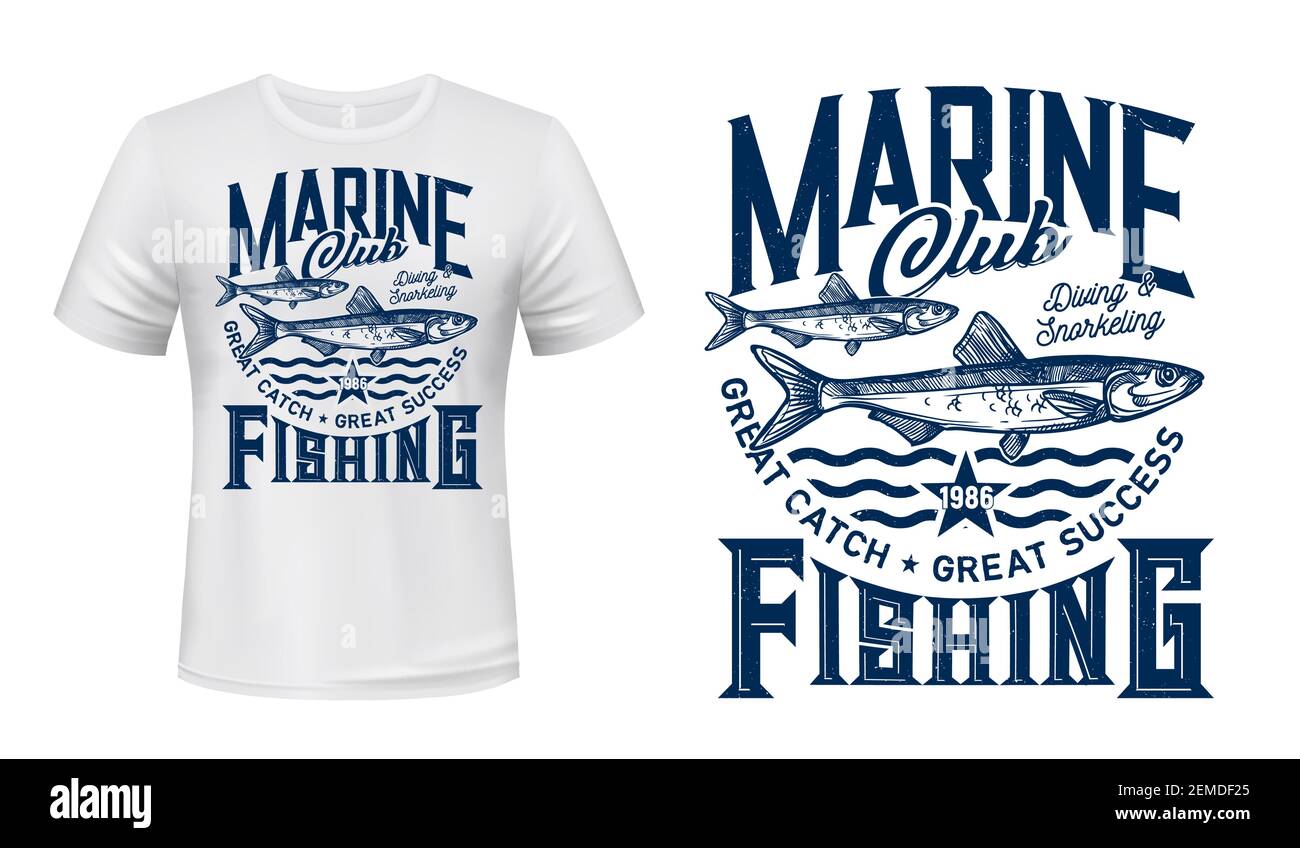 Stampa T-shirt con pesce acciuga, mascotte vettoriale per pesca club avventura mare. Nautic schizzo pesce marino su onde blu t-shirt emblema. Tè Ocean sport Illustrazione Vettoriale