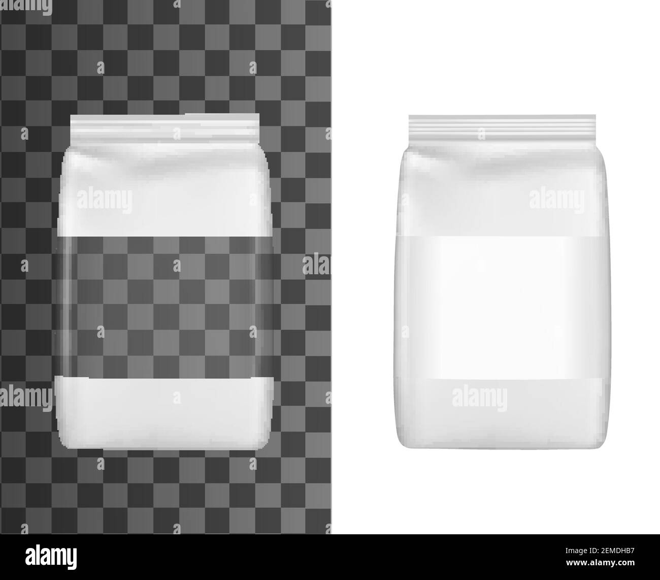 Confezione con finestra per le semole, cereali o pasta, confezione in sacchetto di plastica realistico, mockup vettoriale doypack. Cibo secco, groats sacco di confezione di tra Illustrazione Vettoriale