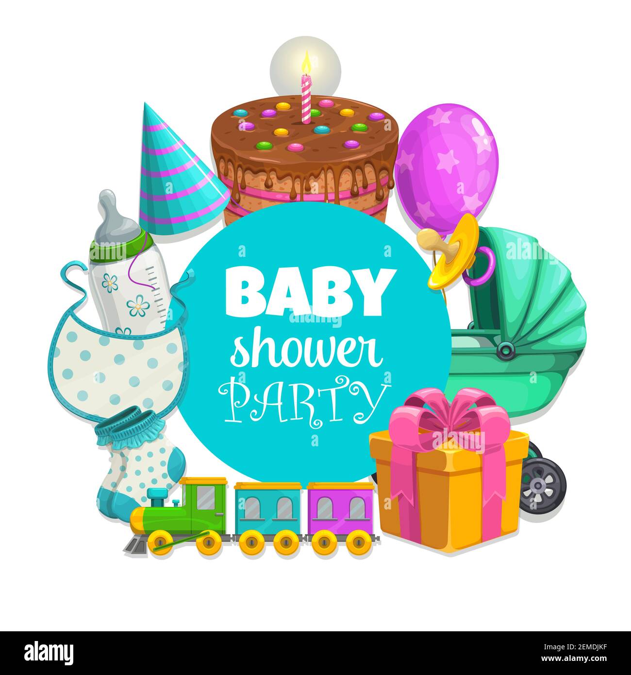 Baby doccia party banner vettoriale con giocattoli e torta. Cartoni animati  per bambini, bambini isolati, passeggino, regalo e biberon. Cappello da  festa, mongolfiera e Immagine e Vettoriale - Alamy