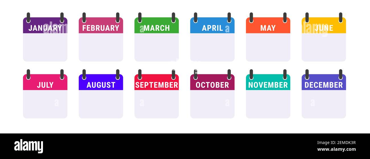 Set di icone del calendario mensile. Per ogni mese, un'icona a colori. Immagine vettoriale piatta isolata in bianco. Illustrazione Vettoriale
