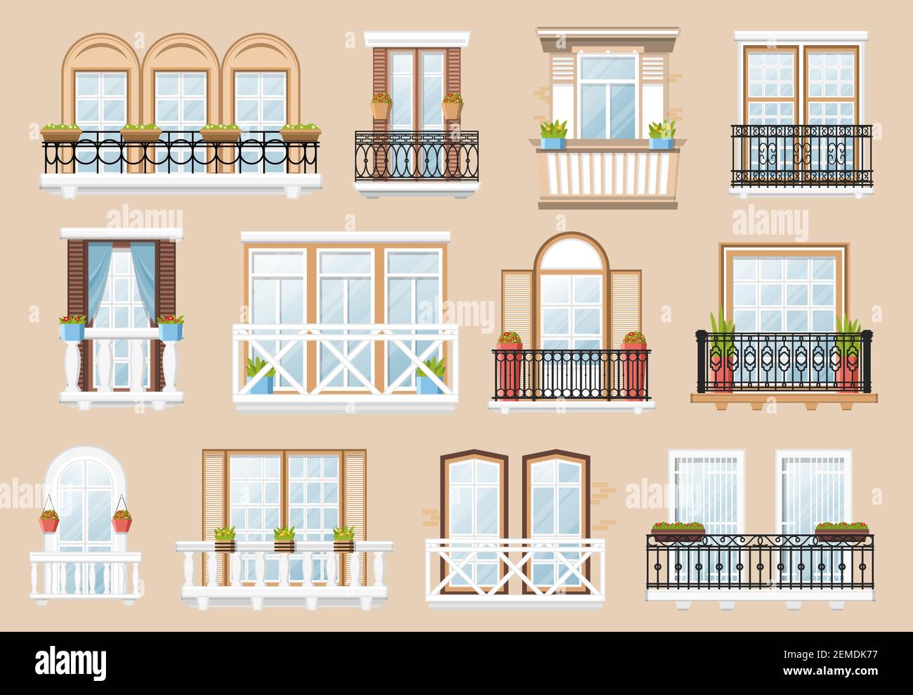 Finestre e balconi decorazione vettoriale di architettura esterna e interna. Facciata vintage edificio muro con balcone ringhiera finestre e vaso pla Illustrazione Vettoriale