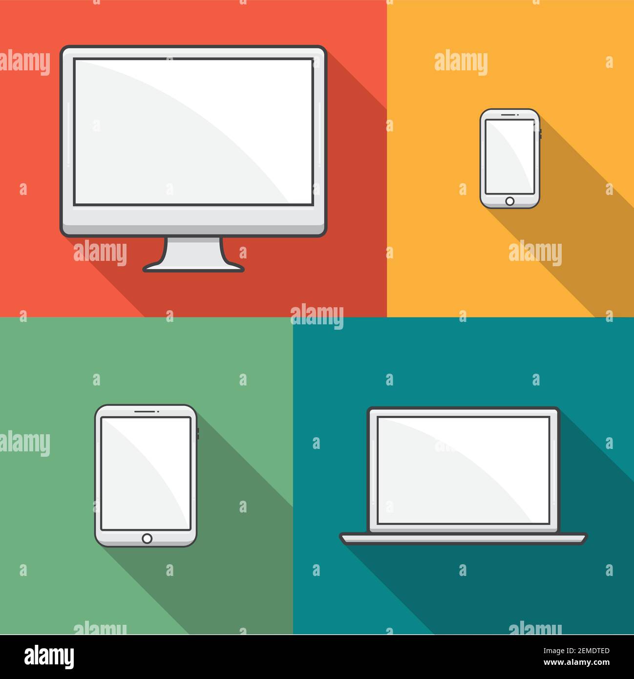 Gadget e smartphone, tablet, computer portatili e computer con schermo vuoto su sfondo a colori. Illustrazione vettori10 Illustrazione Vettoriale