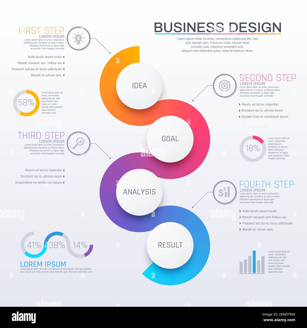 Infografica aziendale con elementi rotondi e fasi informative, grafico vettoriale e grafico. Diagrammi di visualizzazione di infodati e dati statistici del diagramma di flusso. Illustrazione Vettoriale