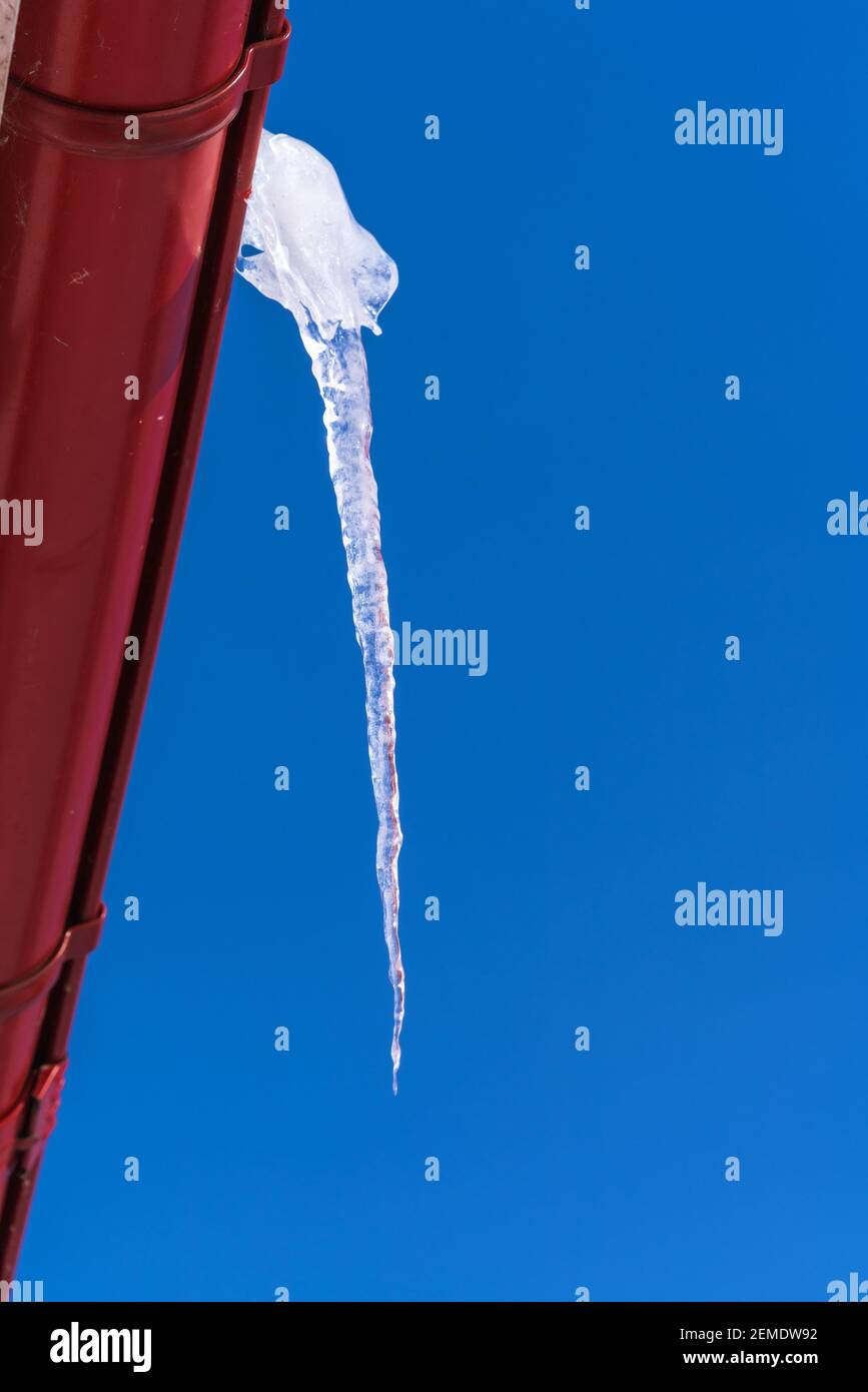 Un grande icicolo trasparente contro un cielo blu chiaro è sospeso da un tubo di scarico rosso in inverno alla vigilia di molla Foto Stock