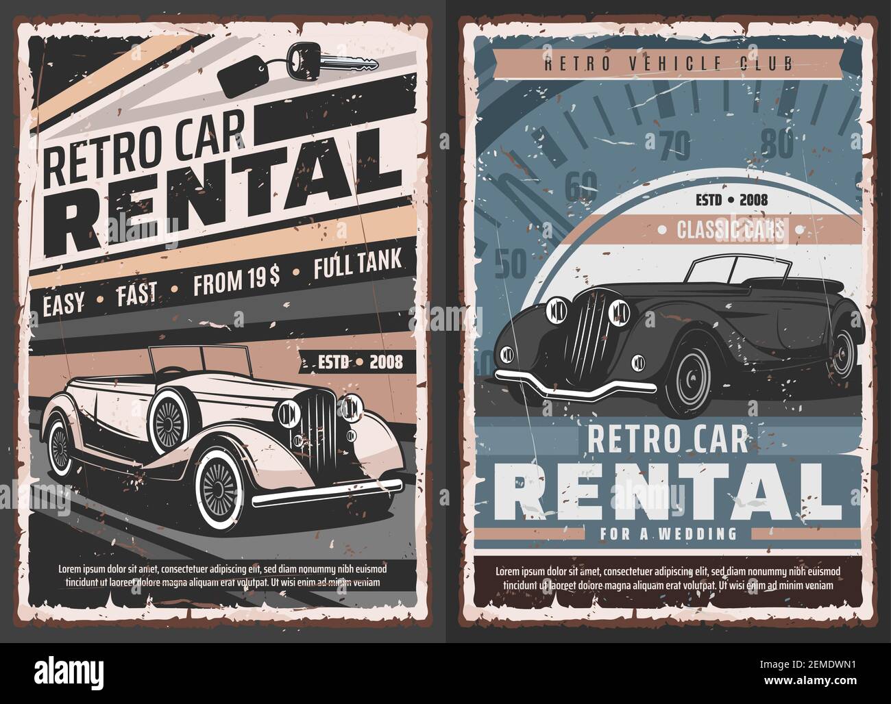 Poster vettoriali per il servizio di noleggio auto rétro. Limousine vintage convertibile, coupé classico e di lusso, cabriolet vecchio roadster. Proprietari di veicoli retro o co Illustrazione Vettoriale