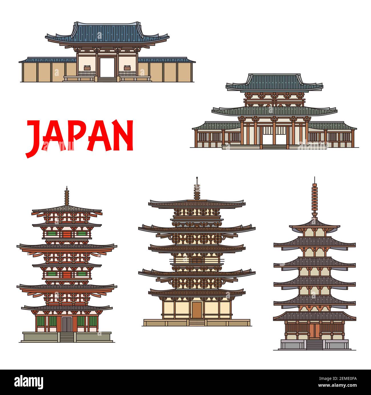 Templi giapponesi, santuari e pagode a Ikaruga Nara, Giappone, monumenti di architettura buddista vettoriale. Horyu-ji, Toto e pagode orientali, Nandaimon An Illustrazione Vettoriale