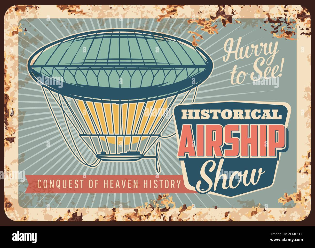Nave aerea dirigibile arrugginita piastra in metallo, vettore zeppelin vintage trasporto aereo ruggine Tin segno. Storico airship mostra poster retrò, grunge design inv Illustrazione Vettoriale