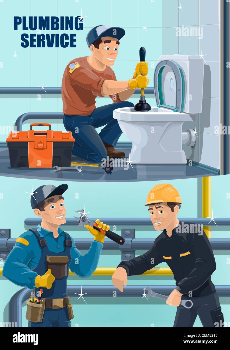 Idraulici, riparazione e prova idrostatica di tubi, impianti idraulici e manutenzione di perdite di condutture idriche, vettore. Condutture, riabilitazione, fognature igienica a Illustrazione Vettoriale