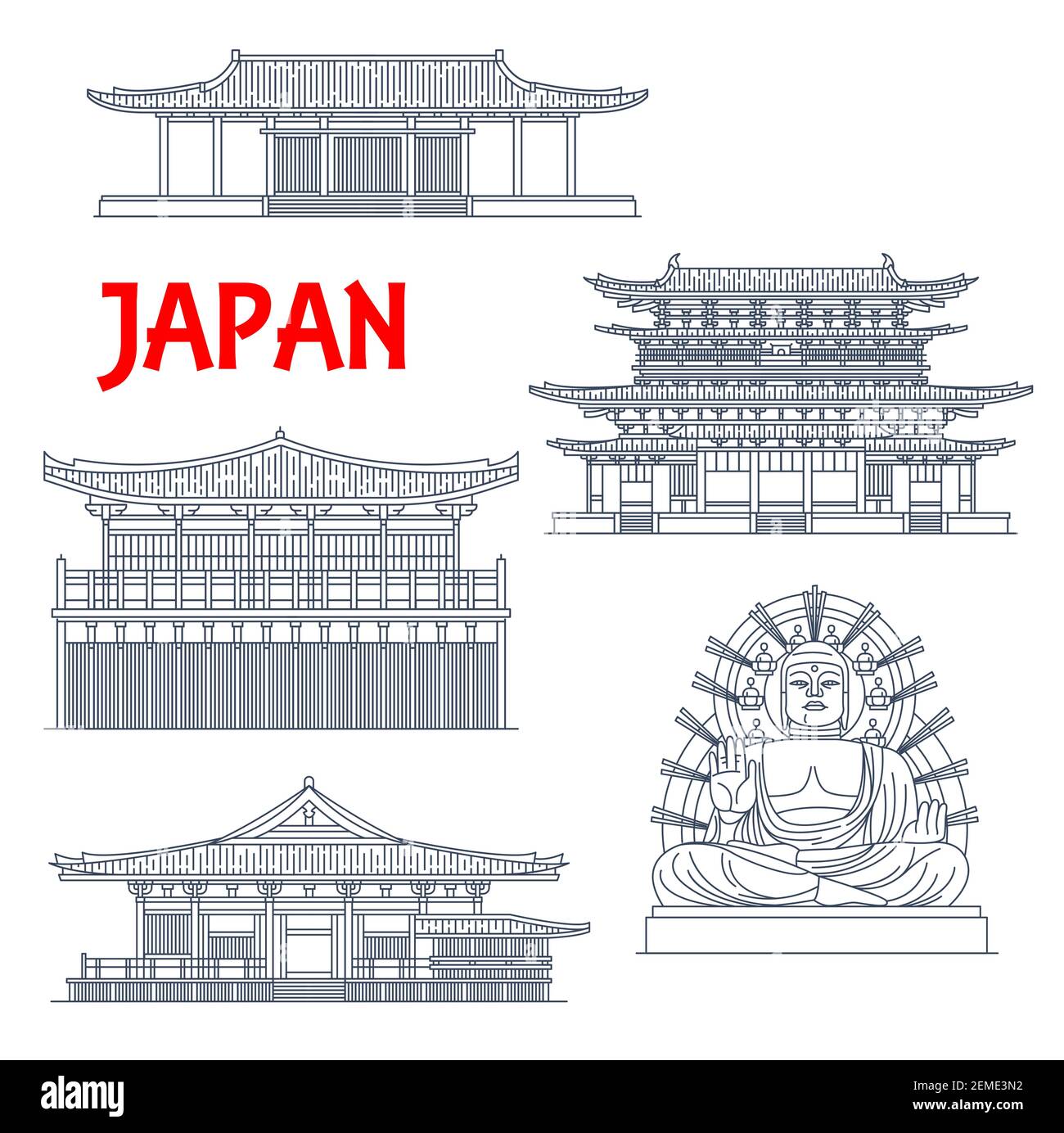 Templi giapponesi, santuari e pagode giapponesi a Nara, architettura buddista, statua di Buddha, monumenti vettoriali. Sin Yakushi-ji, Sangatsu-do e Nigatsu-d Illustrazione Vettoriale