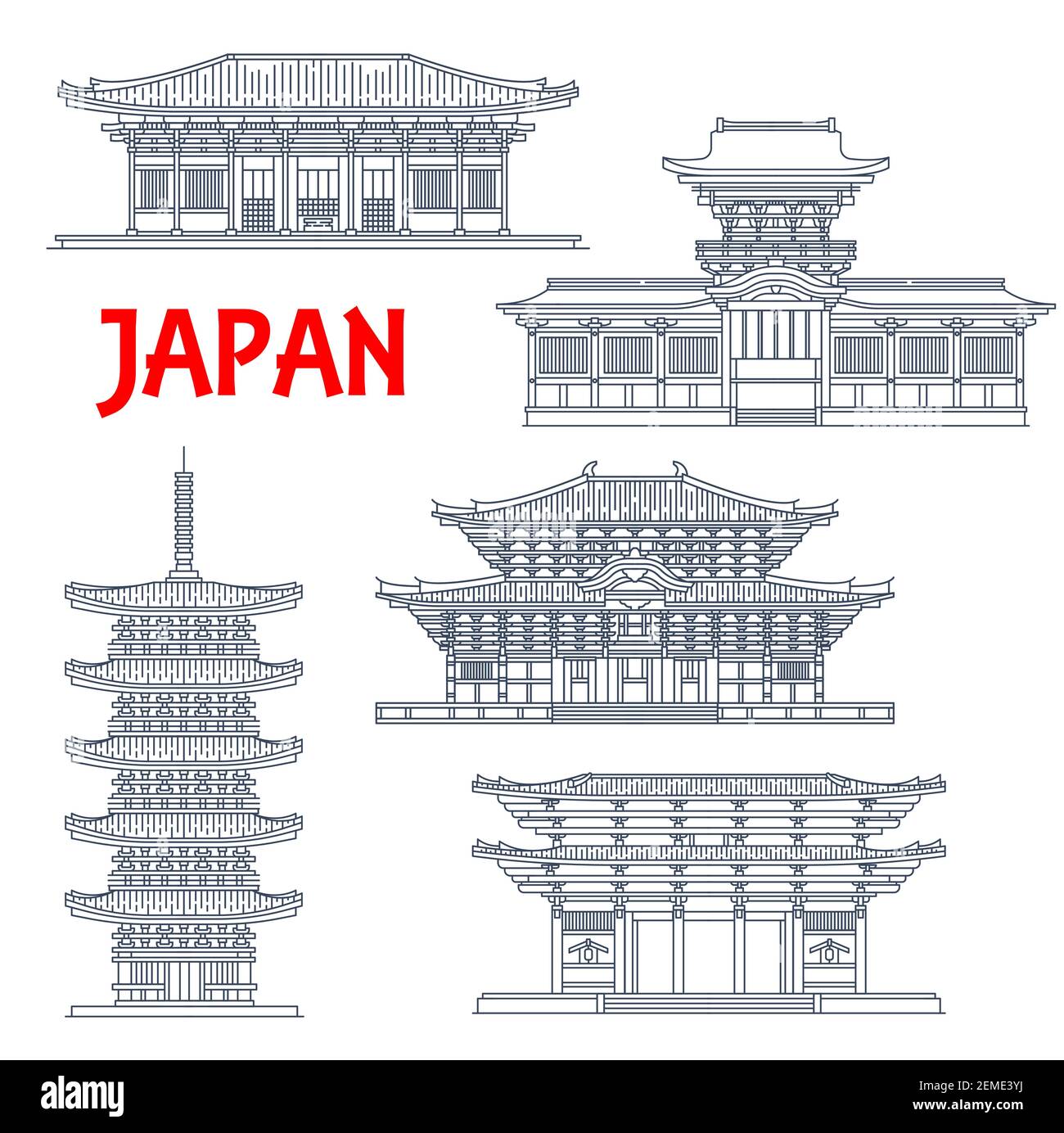 Templi giapponesi, santuari e pagode giapponesi a Nara, monumenti vettoriali dell'architettura buddista. Todai-ji e Kofuku-ji Shinto pagoda torre, Nandaimon Gat Illustrazione Vettoriale