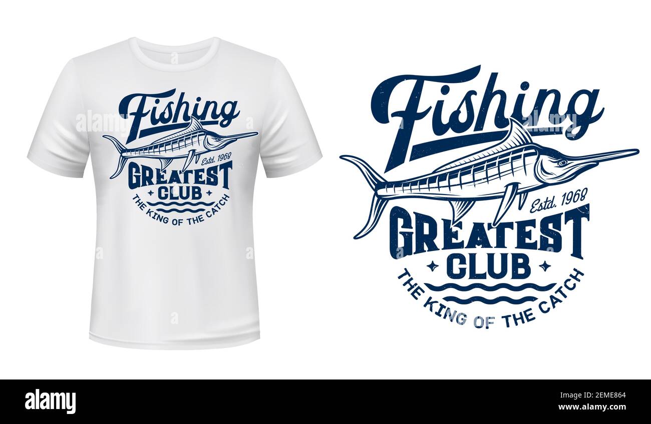 Stampa T-shirt con pesce marlin grande, mascotte vettoriale club di pesca. Marlin blu sulle onde del mare e sulla tipografia Greatest Club su mockup di abbigliamento bianco. Oceano A. Illustrazione Vettoriale