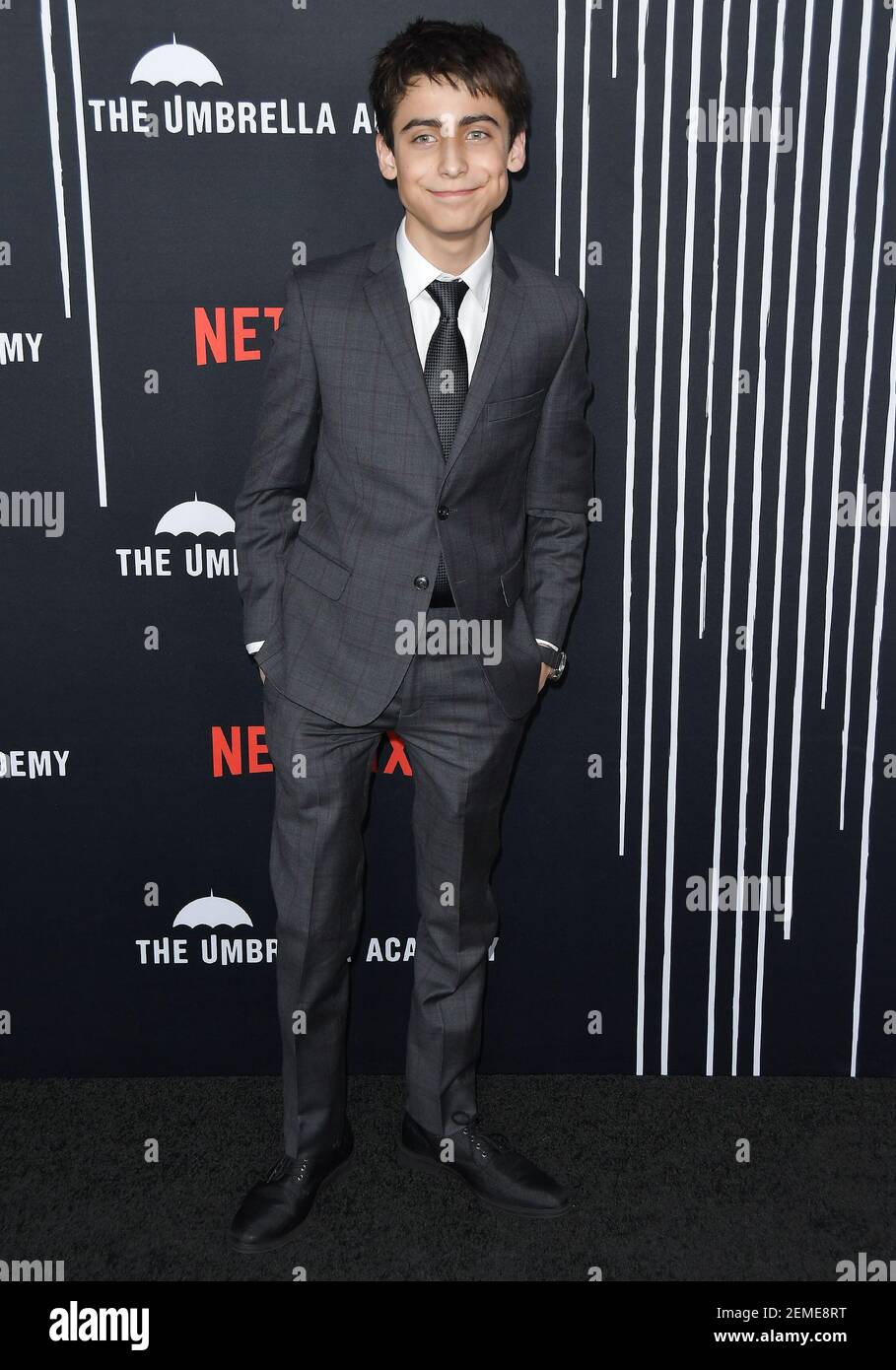 Aidan Gallagher arriva alla prima stagione 1 della Netflix 'The Umbrella Academy' che si tiene presso l'Arclight Hollywood di Hollywood, California, martedì 12 febbraio 2019. (Foto di Sthanlee B. Mirador/Sipa USA) Foto Stock
