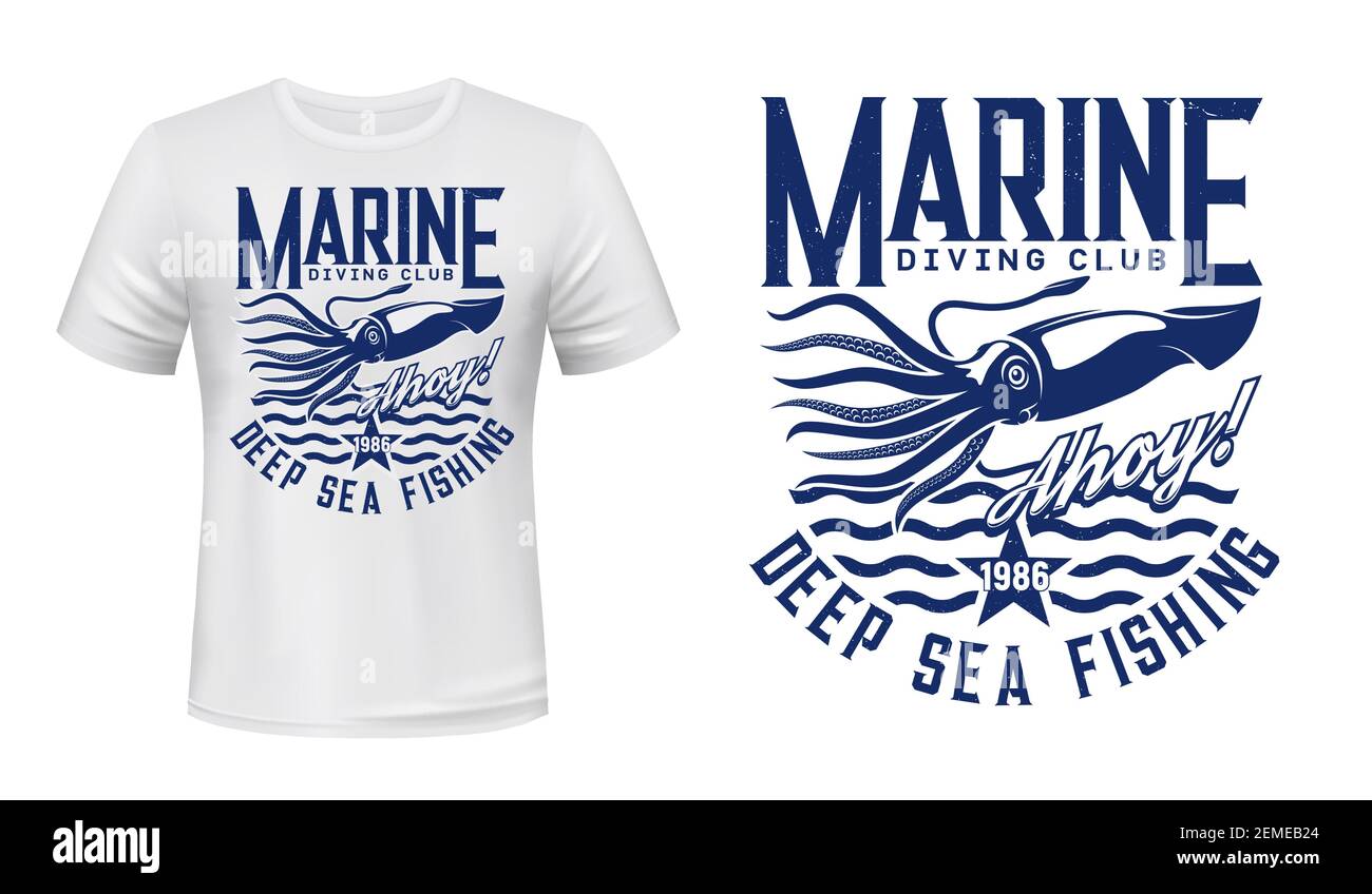 Stampa T-shirt con calamari, calamario vettoriale sulle onde blu, mascotte per club subacqueo, immersione subacquea simbolo nautico t-shirt molluschi marini. Oceano Illustrazione Vettoriale