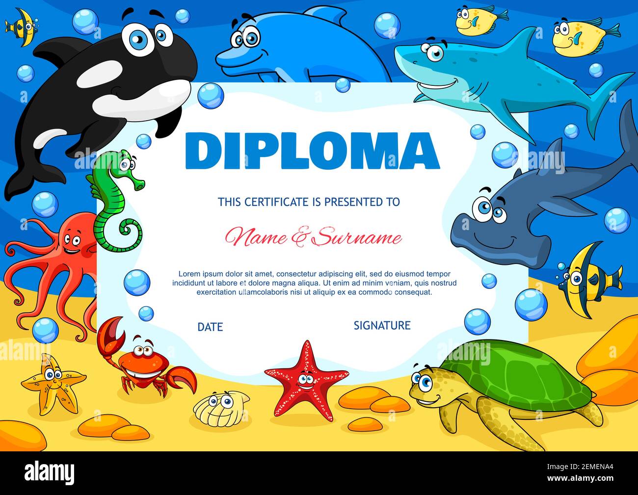 Diploma di bambino con animali subacquei carino vettore di stelle marine, granchio, polpo e angelo pesce con tartaruga. Squalo, conchiglia, delfino e balena killer Hummerhead Illustrazione Vettoriale