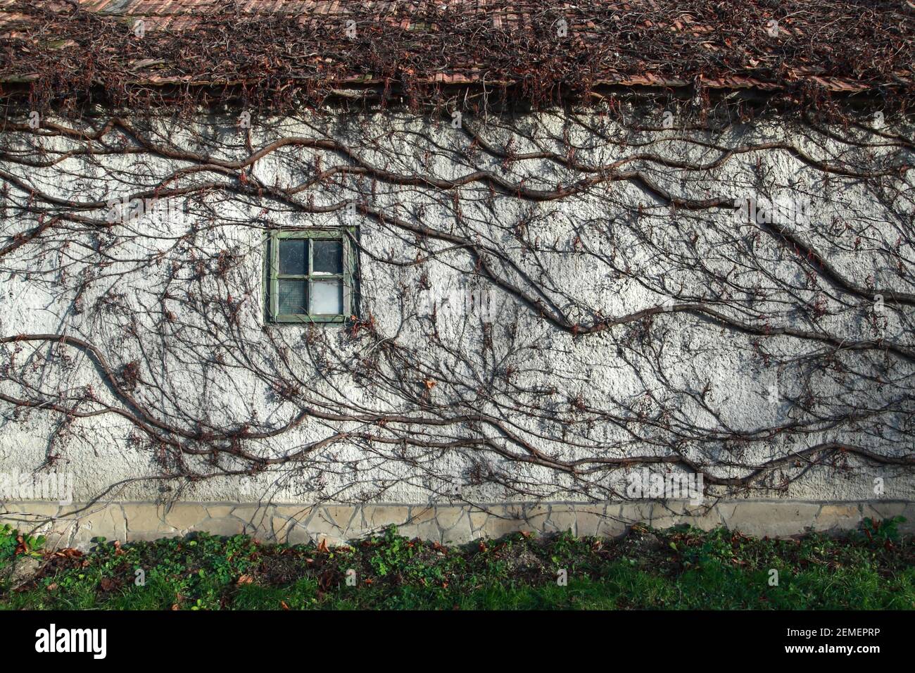 Vecchio muro della casa con finestra e superriduttore. Illustrazione per uno stile di vita di villaggio trascurato o autentico; foto a colori. Foto Stock