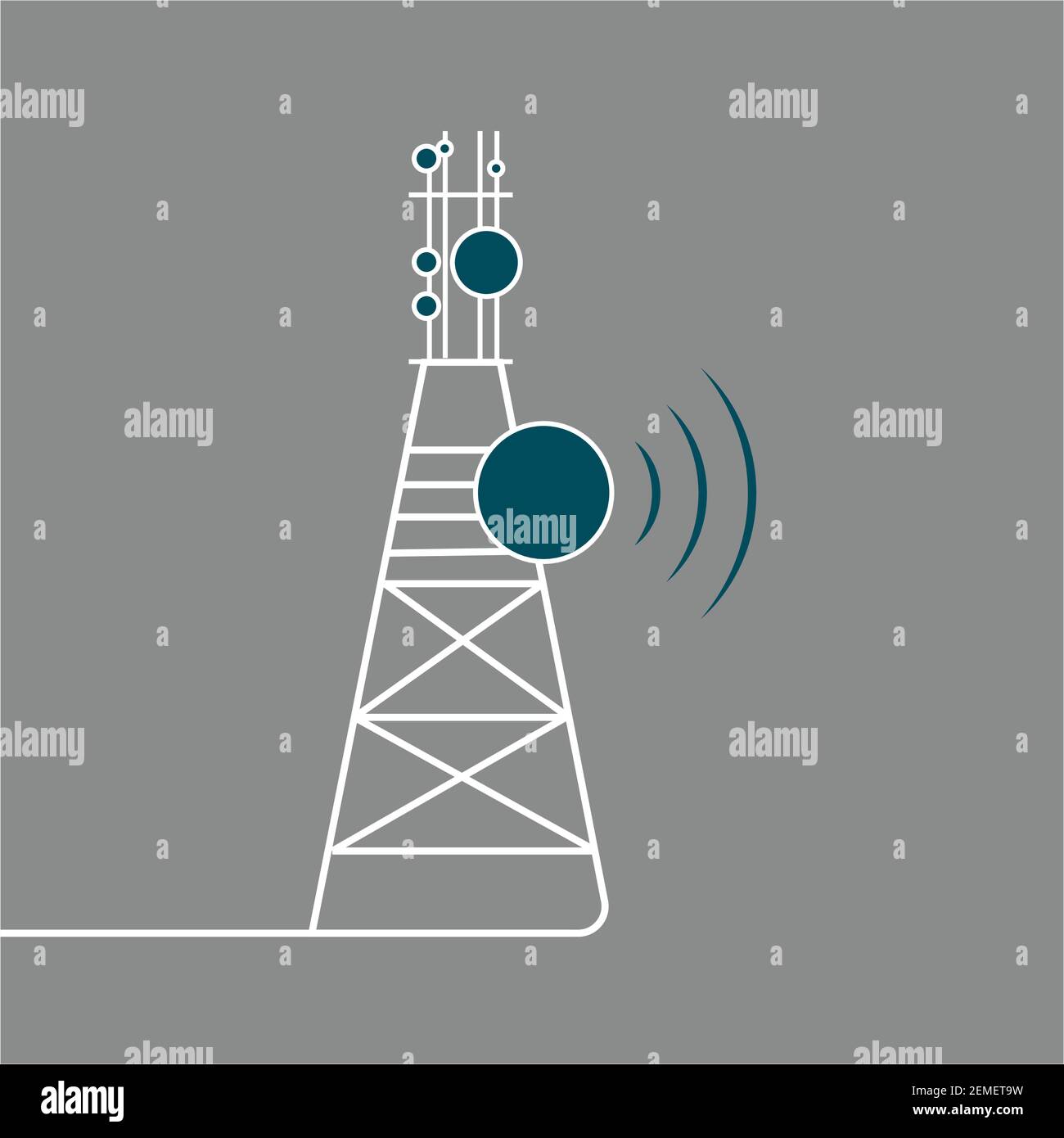 Design vettoriale piatto della torre di rete, concetto di rete 5G, torre cellulare con dispositivi elettronici e comunicazioni satellitari, icona, illustrazione vettoriale, piatto Illustrazione Vettoriale
